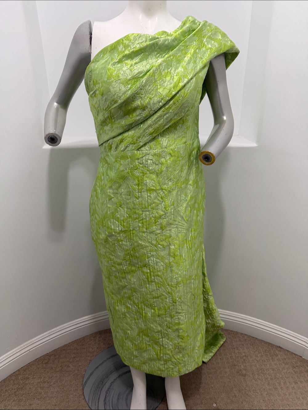 TS Couture Chartreuse Jacquard One-Shoulder Lime Green Textured Cocktail Dress